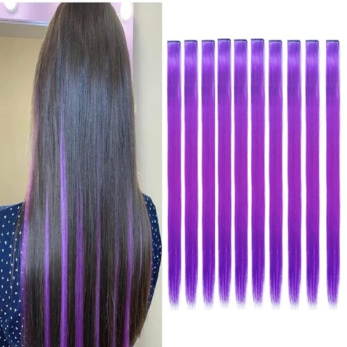 22 Inch Colored Hair Extensions 12 Packs Multi-colors Party Highlights Clip in for Women and Kids Colorful Straight Long Hair Extensions Rainbow Hair Extension (White+red+blue)
