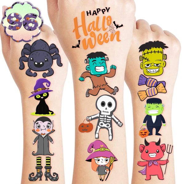 Halloween Temporary Tattoos Stickers for Kids Funny Halloween Themed 96PCS Birthday Party Supplies Favors Funny Cool Super Cute Fake Tattoos Party Decorations Boys Girls School Rewards Gifts