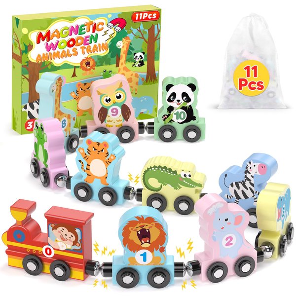 11 Pcs Magnetic Train Set Montessori Toys for 1 2 3 Years Old Toddlers Boys Girls, Wooden Animals Preschool Learning Stocking Stuffers Sensory Toys Toddler Birthday Gifts Ages 1-3, 2-4