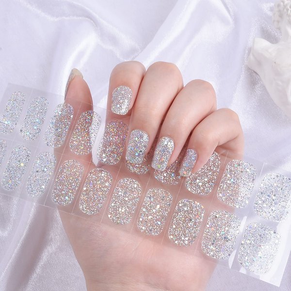 LIFOOST Full Cured Gel Nail Strips Glitter Gel Nail Polish Stickers 20 Extra-Long Gel Manicure Strips (glitter1)