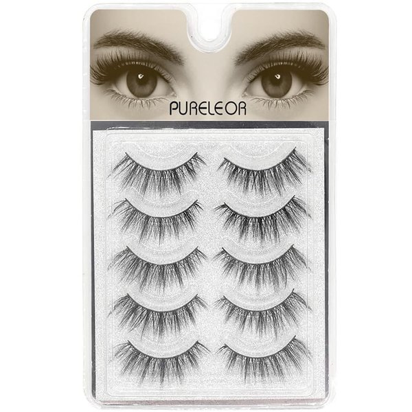 PURELEOR Natural Look Eyelashes 3D Mink Cat Eye Lash Wispies 15mm Manga Lashes 5 Pairs Soft Reusable False Eyelashes Lightweight, No Glue Included