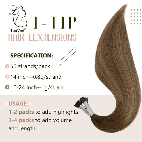LaaVoo Brown I Tip Hair Extensions Ombre Medium Brown with Light Brown to Golden Brown Hair Extensions Itips Human Hair 16" 50g 50s