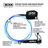 XM SURF MORE Premium Surfboard Leash, 8ft, Made in USA, Comp Cord Thickness (0.220in), Key Pocket, Unbreakable Swivels, Detachable Railsaver, Blue Leash, Black Strap, Kink-Free [3 Year Warranty]