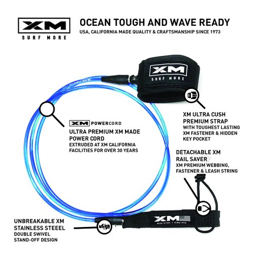 XM SURF MORE Premium Surfboard Leash, 8ft, Made in USA, Comp Cord Thickness (0.220in), Key Pocket, Unbreakable Swivels, Detachable Railsaver, Blue Leash, Black Strap, Kink-Free [3 Year Warranty]