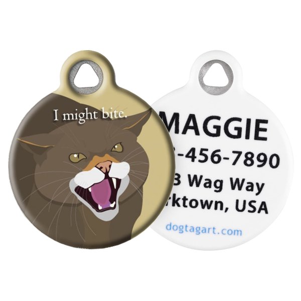 Dog Tag Art I Might Bite Personalzied Pet ID Tag for Cats, Silent Polymer Coated Stainless Steel Nametag with Customized Identification Information, Small .875" Diameter