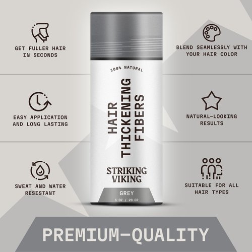 Striking Viking Hair Fibers for Thinning Hair - Hair Building Fibers (Grey) 28g - Naturally Derived Formula - Long Lasting Hair Powder for Undetectable, Thicker Looking Hair for Men & Women