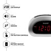 SHARP Small Digital Alarm Clock with Snooze and Battery Backup, Easy to Use Top Button Controls for Simple Use, Silver Case with Red Easy to Read LED Display