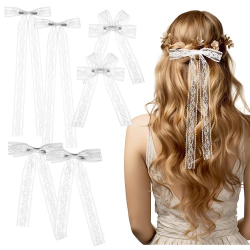 Nogeqi 6pcs White Lace Hair Bow for Women Girls, Tulle Bow Clips for Women, Ribbon Bows for Hair with Long Tail Ribbon, Cute Metal Bow Hair Clip White Hair Accessories