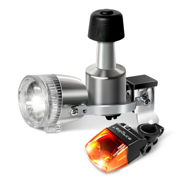 Bike Lights Front and Back, Fully Dynamo Bike Light Set, Motorized Friction Generator, 200 Lumens, Waterproof, Easy to Install, Never Need Battery Bike Light Silver