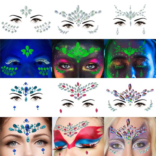 Face Gems-6Sheets Face Jewels Stick On+30g Chunky Glitter, Rhinestones Noctilucent Stickers Temporary Tattoos-Eye Body Euphoria Makeup Rave Clothes Carnival Festival Outfit Gifts For Women(3Luminous)