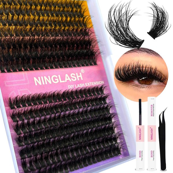 Lash Clusters Fluffy NINGLASH 100D 200D DIY Lash Extension Kit with Lash Bond, Lash Remover, Lash Applicator, Volume 280 Pcs Cluster Eyelashes Extension Individual Eyelashes Kit Thick Eyelash 12-18mm