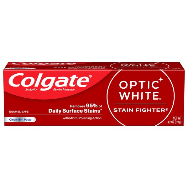 Colgate Optic White Stain Fighter Whitening Toothpaste, Clean Mint Flavor, Safely Removes Surface Stains, Enamel-Safe for Daily Use, Teeth Whitening Toothpaste with Fluoride, 4.2 Oz Tube