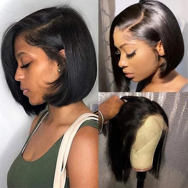 Bob Wigs Human Hair 13x4 Frontal Lace Wig 12 Inch HD Transparent Lace Closure Black Bob Wig for Women Glueless Pre Plucked 200% Density Straight Short Bob Virgin Hair Wig for Halloween Christmas