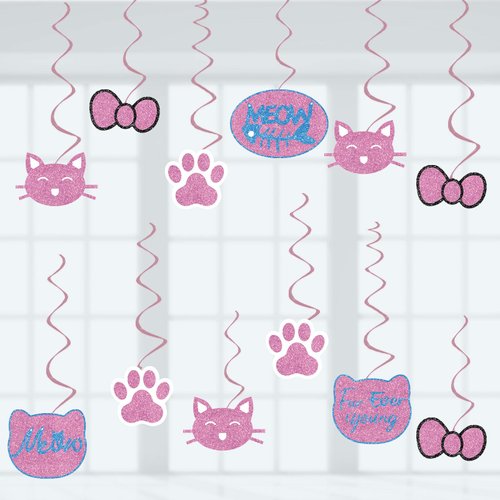 Cat Birthday Party Decorations Kitten Hanging Swirls, Assembled and Ready to Use, Pet Cat Meow Party Decor Supplies 24pcs Puppy Party Streamers Cat Paw Party Decor Banner