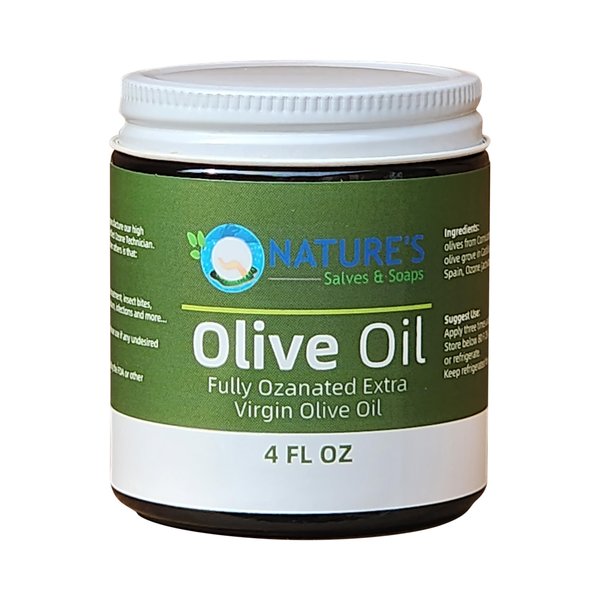 Nature's Salves and Soaps Fully Ozonated Cold Pressed Extra Virgin Olive Oil. Holistic, Homeopathic, Natural, Dental, Skin, Hair - 4 Oz - * Glass Jar *