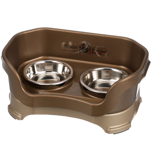 Neater Feeder - Deluxe Model - Mess-Proof Cat Bowls (Cat, Bronze) - Made in USA - Elevated, No Spill, Non-Tip, Non-Slip, Raised Stainless Steel Food & Water Pet Bowls
