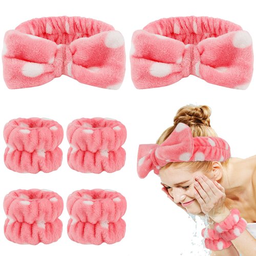 AMCAMI 6 PCS Spa Headband with Wrist Washband Face Wash Set, Makeup Headband and Wristband Towel Scrunchies for Washing Face, Skincare Headband Sleepover Party Supplies for Girls(Pink)