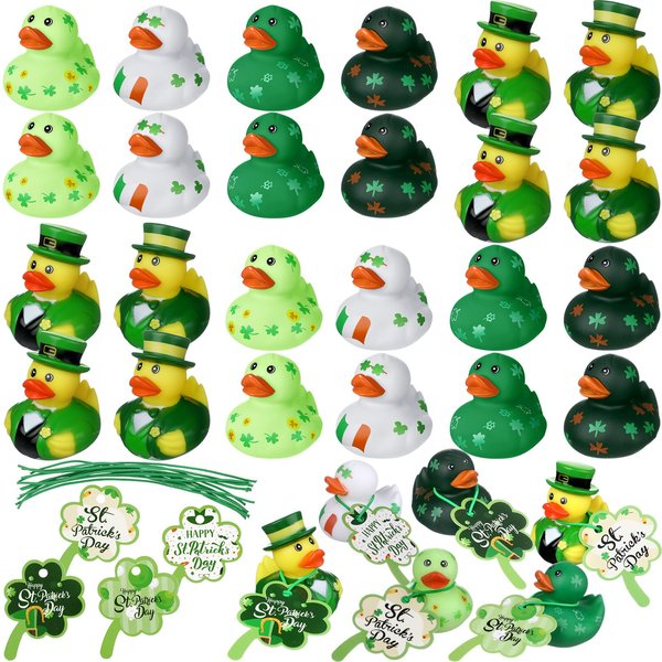 Jerify 24 Set St. Patrick's Day Rubber Ducks with St. Patrick's Day Gift Cards 2 Inch Irish Shamrock Ducks Rubber Ducks Holiday Duck Rubber Toys for Carnival Party Favor
