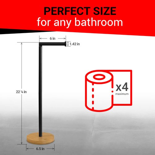 Toilet Paper Holder Stand, Modern Bamboo Base Free Standing Toilet Paper Holder with Storage, Sturdy Black Metal Stand with Weighted Base, Sleek and Decorative Freestanding Bathroom Toilet Roll Holder