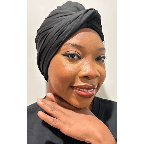 SWIG Swim Turban - Black, Waterproof, Non-Slip, Snug Easy Grab n You Go, Chlorine, Saltwater, UV Defense, Natural Hair Protection Silicone Cap & Bonus Waterproof Travel Tote Beach Bag w/Strap Buckle