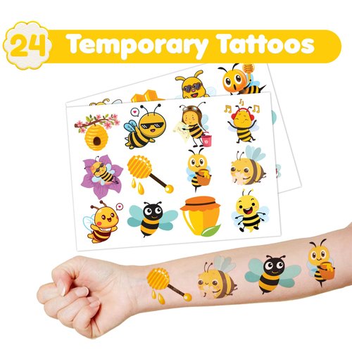 INKSOMOBA 36PCS Bee Party Favors 24 Tattoos Sticker 12 Stamp Set - Ideal Honey Bee Themed Birthday Card Decorations Supplies Goodie Bag Cute Rewards for Boys Girls Classroom Gifts Baby Shower Prizes