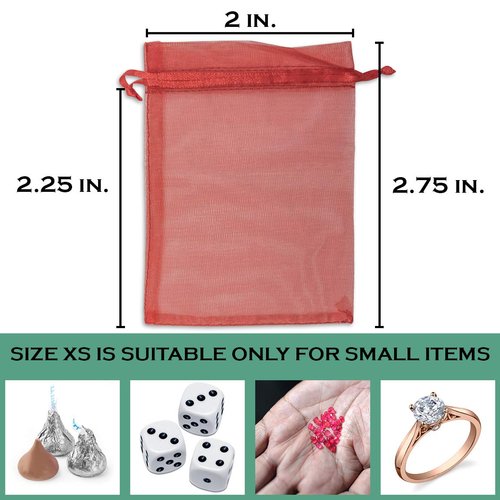TheDisplayGuys 100-Pack XS 2" x 2 3/4" Red Sheer Organza Gift Bags with Drawstring, Goodie Bags for Jewelry, Candy Bags, Treat Bags, Wedding Favors Small Mesh Bags