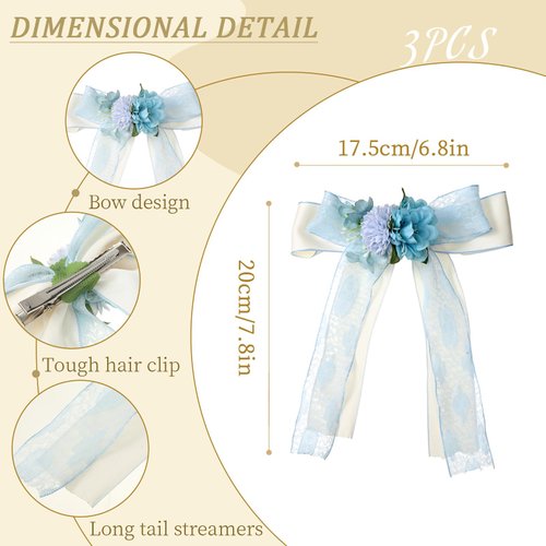 AWAYTR 3pcs Flower Hair Bow Clips for Women Girls Hair Ribbon with Flowers Lance Satin Floral Bow Clips with Long Tail(off-white/blue/pink)