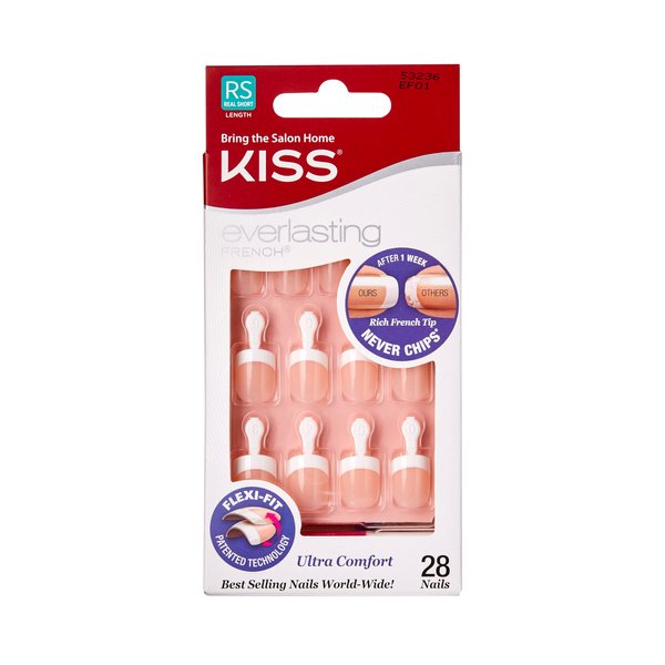 Kiss Everlasting French Nail Manicure, Chip-Free with Flexi-Fit Technology, Real Short, "Endless", Nail Kit with Pink Nail Glue (Net Wt. 2 g / 0.07oz.), Mini File, Manicure Stick, and 28 Fake Nails