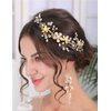 Teyglen Gold Pearl Wedding Headband Hair Vine with Rhinestone Bridal Flower Hair Clip Headband Hair Accessories for Bride Flower Headpiece for Women Girls
