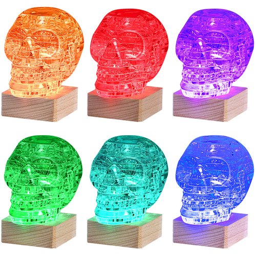3D Skull Crystal Puzzle, Skull Assembly Brain Teaser with Light-Up Wood Base for Halloween Decorations Indoor, Plastic Skull DIY Puzzle Blocks 3D Model Toy, Gift for Adults/Kid 14+(49pcs, Transparent)