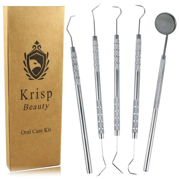 Dental Tools Set - Professional Stainless Steel Krisp Beauty 5 Pc Dental Pick Tartar Remover Plaque Scraper Probe Scaler Mouth Mirror Oral Hygiene Care Dentist Teeth Cleaning Kit for Adults