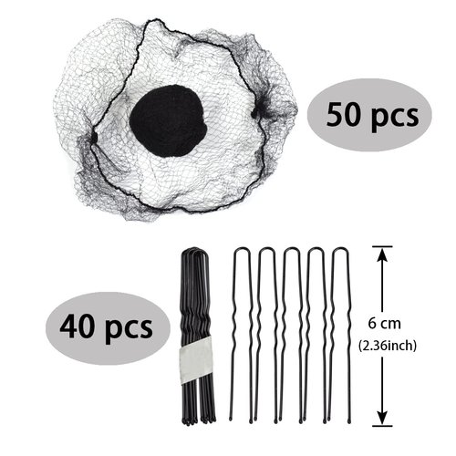 YTBYT 50 Pcs Hair Nets Invisible Elastic Mesh with 40 Pcs U Shaped Hair Pins for Women Hair Buns (Black)