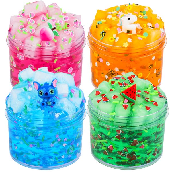 DAHIOQHAJ 4 Pack Jelly Cube Crunchy Slime Kit, Premade Jelly Clear Crunchy Slime for Girls & Boys, Super Soft Non-Sticky Cute Sludge Toy, Party Favor for Kids