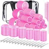 Rollers Hair Curlers, IKOCO 4 Sizes Self Grip Hair Rollers Set Includes 60mm 48mm 36mm 25mm Hair Roller for Long Hair Short Bangs with 16Pcs Roller Clips, Clear Toiletry Bag and Rat Tail Comb (Pink)