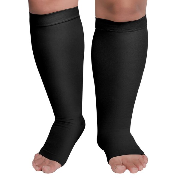 KEKING® Extra Wide Calf Compression Socks for Men & Women, 20-30 mmHg Compression Stockings Open Toe - Plus Size Knee High Support Hose for Varicose Veins, Pain Relief, Swelling, Black XXL