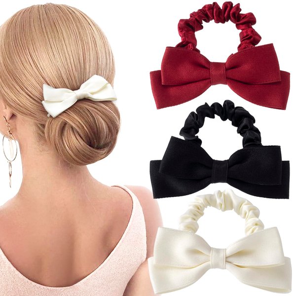 CustomyLife 3pcs Silk Bow Scrunchies Black Red White Bowknot Hair Ties Ropes Elastic Bands Ponytail Holder Wedding Bachelorette Party Accessories for Thick Thin Long Hair Women Teen Girls