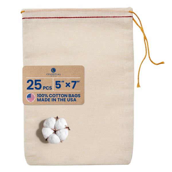 Celestial Gifts Muslin Bags - 100% Cotton Drawstring Bags Medium 25pcs, 5x7, Reusable Tea Bags, Jewelry Gift, Spice and Pouch Gift Sachet Bags - Made in USA - (Red Hem and Orange Drawstring)