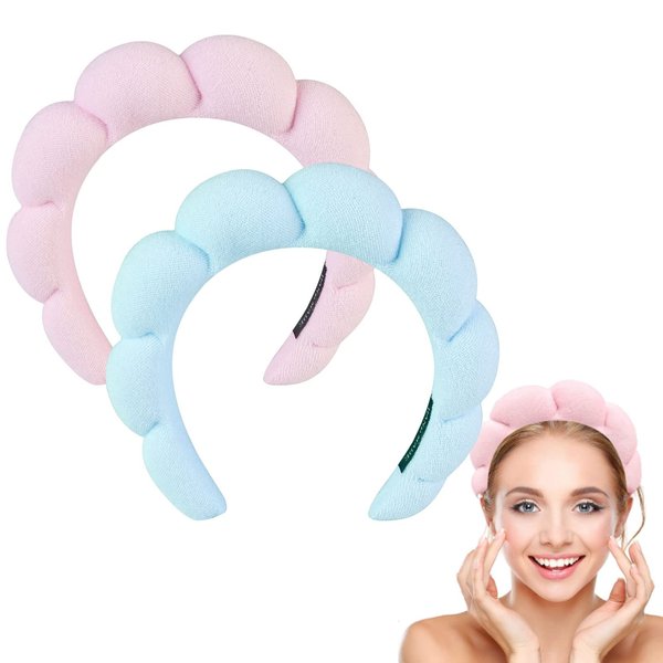TAOTOP 2 Pack Spa Headband for women, Cute Hair Band for Women Shower, Sponge Terry Cloth Headband, Suitable for Skin Care, Face Wash Makeup, Hair Accessories (Pink & Blue)