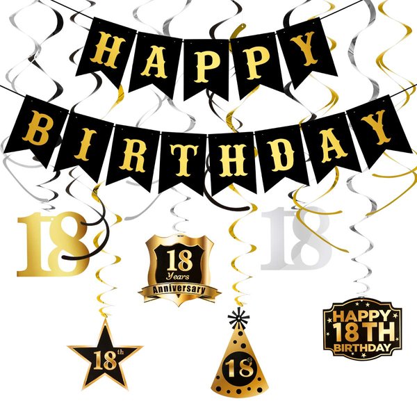Black and Gold 18th Birthday Decorations Kit, Happy Birthday Banner and 18th Birthday Hanging Swirls 18th Birthday Decorations for Boys Girls