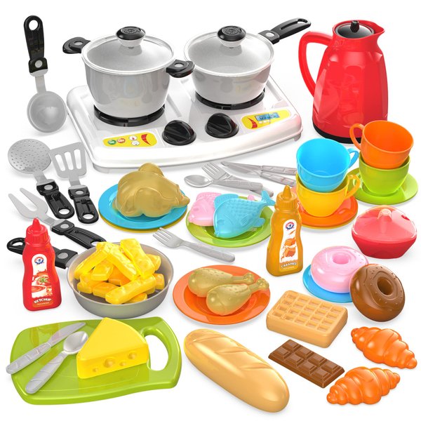 TECHNOK 66PCS Pretend Play Kitchen Toys Cookware with Play Food Toy Set - Pretend Play Toy Kitchen Set - Cooking Stove and Accessories, Tableware Dish Set (4 Persons)