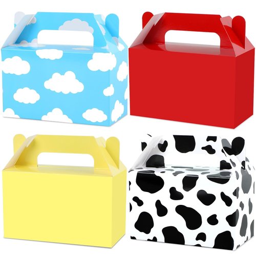 24Pcs Cartoon Story Birthday Party Favor Boxes for Toy Inspired Game Story Party Decorations Cow Print Sky Blue Cloud Treat Boxes Toy Party Goodies Boxes for Kids Birthday Baby Shower Party Supplies