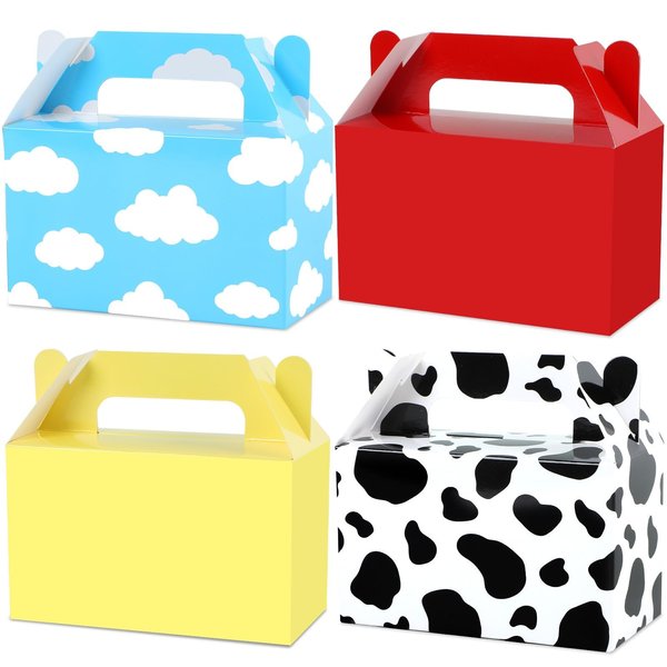 24Pcs Cartoon Story Birthday Party Favor Boxes for Toy Inspired Game Story Party Decorations Cow Print Sky Blue Cloud Treat Boxes Toy Party Goodies Boxes for Kids Birthday Baby Shower Party Supplies