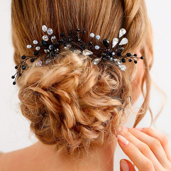 Unicra Bride Wedding Black Hair Pins Bridal Crystal Hair Piece Hair Accessories for Women and Girls (Pack of 2)