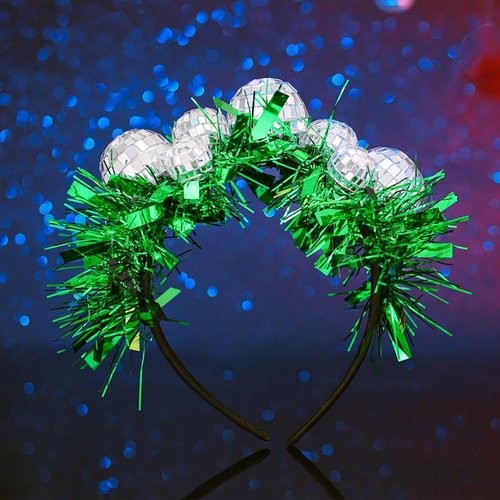 Fdesigner Disco Ball Headband Green Tinsel Hair Bands Christmas Headpiece Mirror Ball Hair Hoop Glitter Headwear 20S Women Head Bands St.Patrick Day Hair Accessories for Costume Props Gift