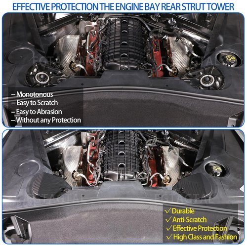 Rear Strut Tower Cover Compatible with Chevrolet Corvette C8 Stingray 2020-2024, ABS Engine Bay Rear Shock Absorbing Tower Protection Panel Cover Trim Accessories, 2PCS (Carbon Fiber Pattern Black)