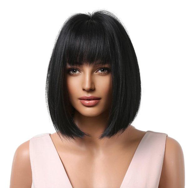 MAGQOO Black Wig for Women Black Bob Wig with Bangs Short Straight Black Wigs Synthetic Cosplay Party Wig with Wig Cap