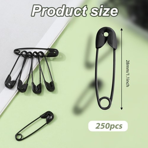 250pcs Safety Pins, 1.1in/28mm Mini Sewing Safety Pins Small Metal Nickel Plated Steel Safety Pins for Clothing Sewing Handicrafts Jewelry Making (Black)