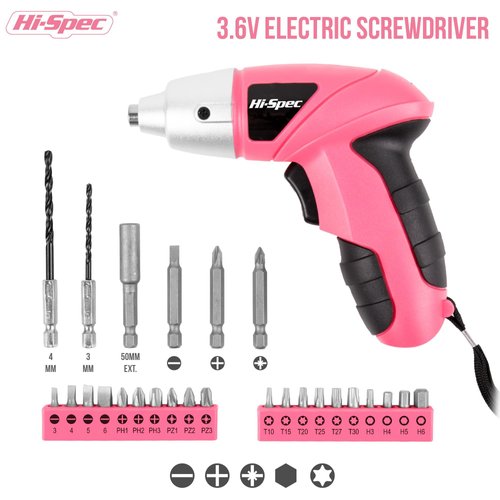 Hi-Spec 27pc 3.6V Pink USB Small Power Electric Screwdriver Set. Cordless & Rechargeable with Driver Bit Set