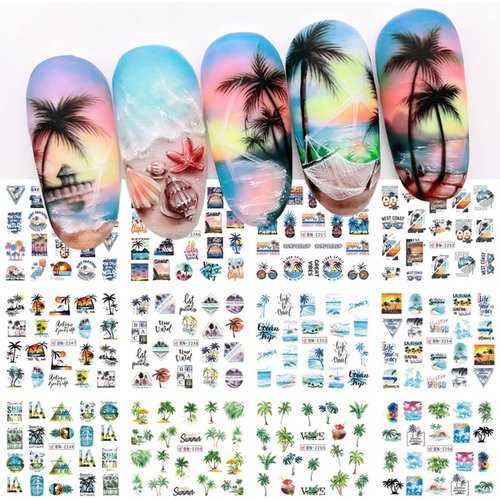 12 Sheets Summer Nail Art Stickers Coconut Tree Nail Decals Water Transfer Palm Tree Nail Stickers Beach Tropical Leaf Sea Wave Nail Design Summer Nail Art Decorations Supplies for Women Manicure