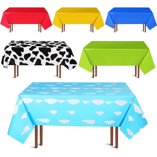 6 Pcs Kids Birthday Party Plastic Tablecloth Set Cartoon Story Tablecloth 54 x 108'' Tablecloth Solid Rectangular Table Cover Colorful Plastic Table Cloth (Cow Print, Cloud, Solid)